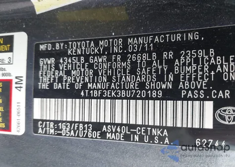 2011 Toyota Camry Le из США, поврежденный, VIN 4T1BF3EK3BU720189